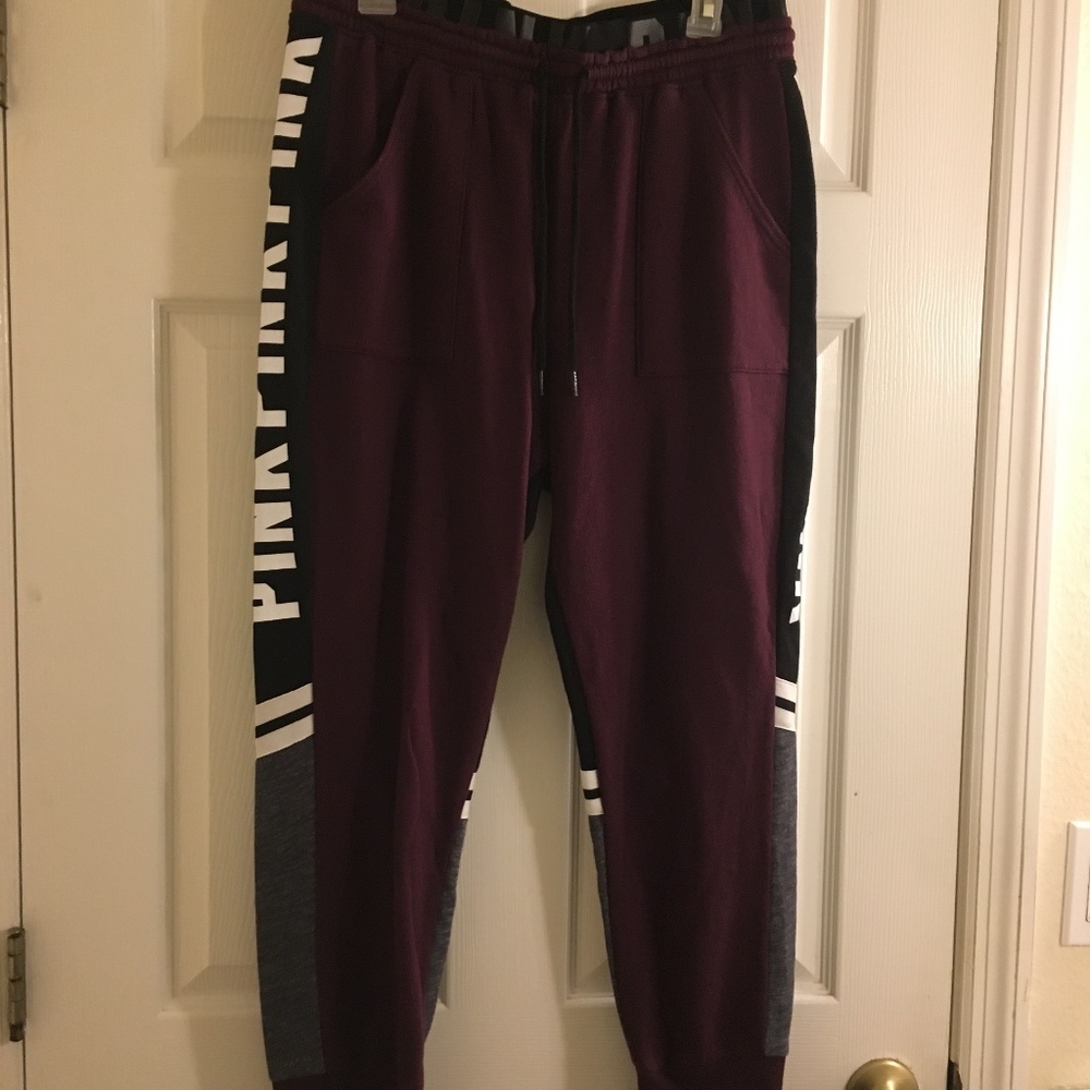 PINK Victoria's Secret Logo Plum and Black Joggers/ Size: Large